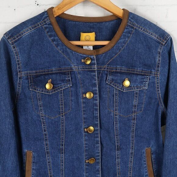 RUBY RD BLUE DENIM CROPPED JEAN JACKET WITH BROWN FAUX SUEDE DETAIL SIZE 10 - Picture 3 of 10